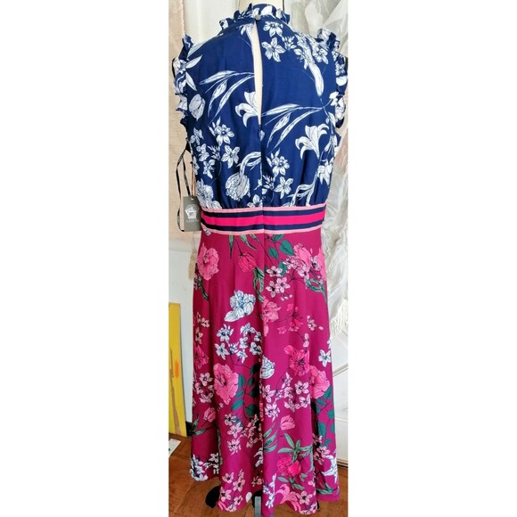 VINCE CAMUTO Navy Coral Floral Midi Dress Lined Size 12 NWT Striped Waist $148 - Picture 2 of 3